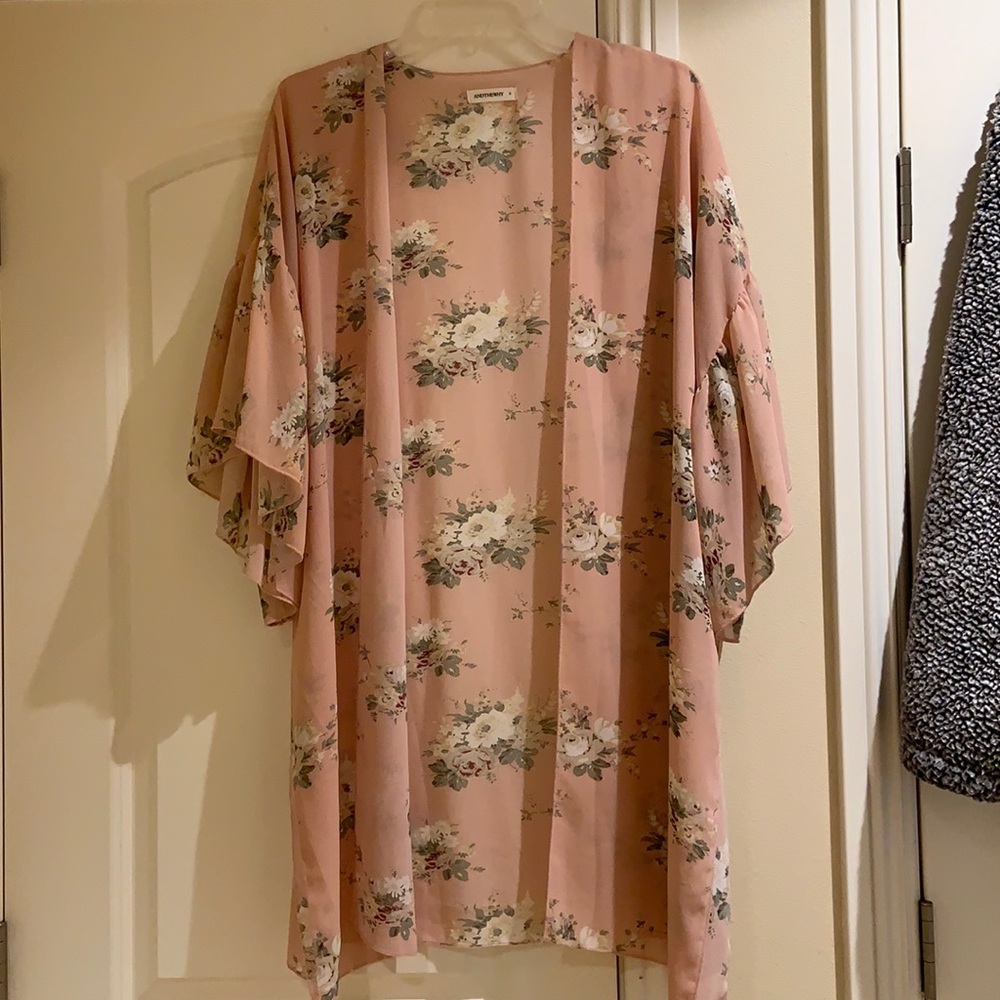 White With Olive Green Floral Kimono